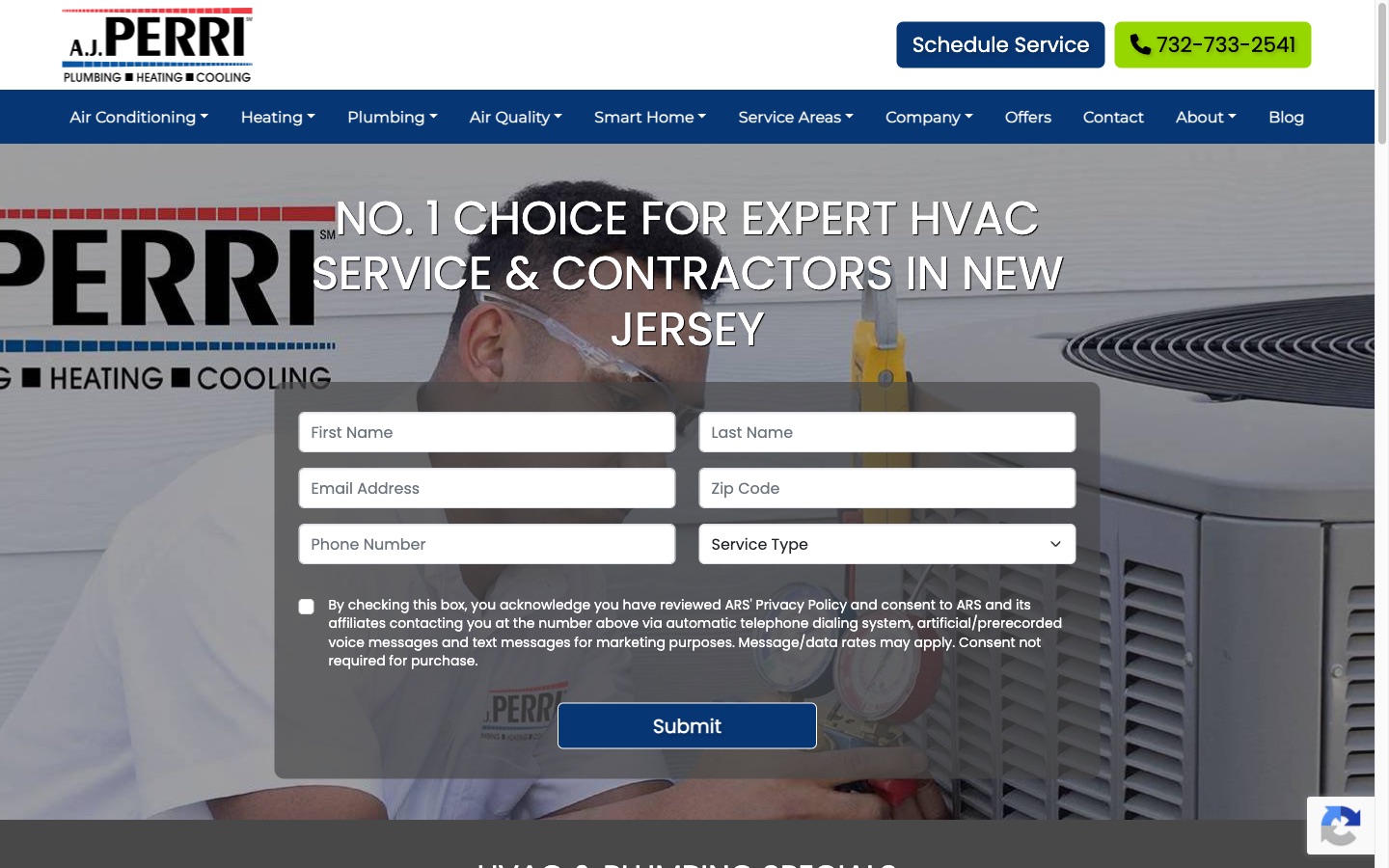 ajperri.com homepage — A.J. Perri HVAC and plumbing services in New Jersey